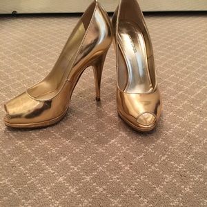 Roberto Cavalli gold platform open toe pumps